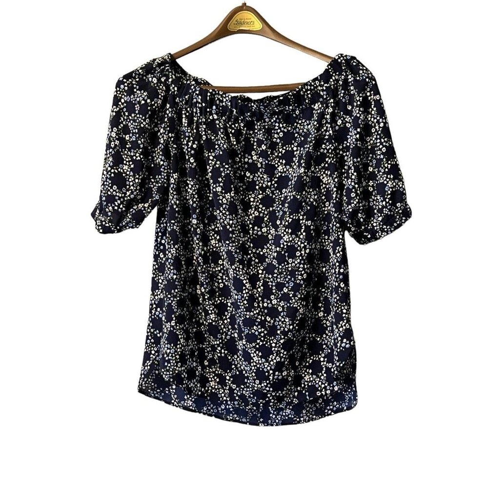 Michael Kors Shirt Blue Floral Print Off the Shoulder Size Small Modern Career